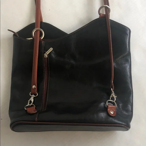 Vera Pelle Italian Leather Black/Brown Shoulder Backpack Bag - Picture 12 of 16